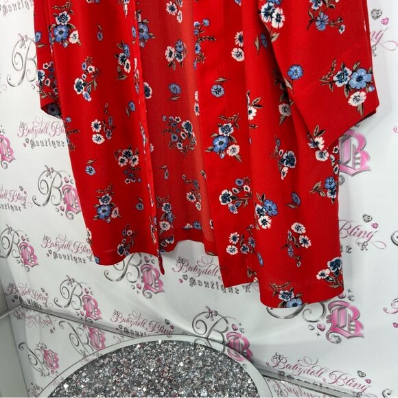 Divided cardigan kimono open front waterfall flowers Floral Red Kimono Cardigan - Picture 4 of 10